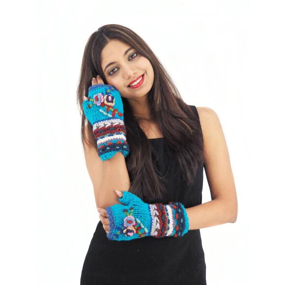 Handmade crochet hand knitted blue floral 100% wool fleece fingerless gloves - Picture 1 of 11